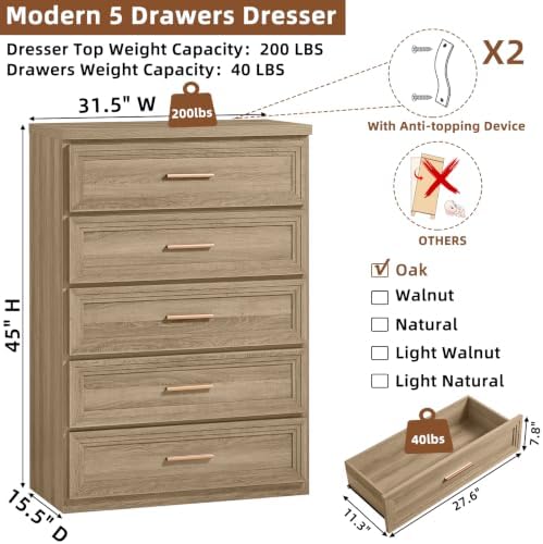 RWYHG Dresser Set for Bedroom with 5 Drawers 45" Tall with Gold Handle