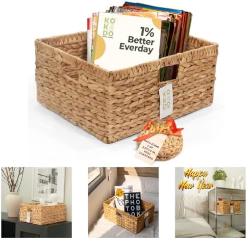 KOKODO 15”L x 11”W Large Rectangular Water Hyacinth Wicker Storage Basket wit...