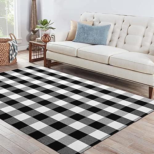 4x6 Buffalo Plaid Outdoor Rug, Washable Front Porch, Black White | Woven cotton checkered outdoor rug for porches and entryways, black and white washable decor for indoor outdoor use