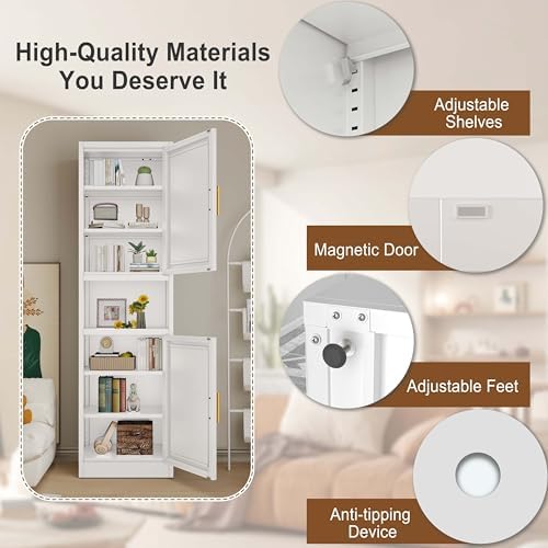 67" Tall Narrow Bathroom Storage Cabinet, Metal Pantry Cabinet, White