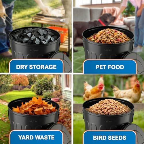 Plexon 20 Gallon Metal Trash Can with Lid Outdoor Large Trash Bin Steel Garbage Can for Garage Patio Farmhouse Bucket Bird Seed Storage Can Heavy Duty Round Container, Black