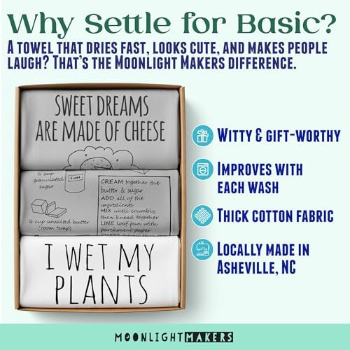 Moonlight Makers Cheese-Themed Funny Kitchen Towels - Decorative Handmade Cotton Dish Towels, Absorbent Tea Cloth, Unique Housewarming Essential Gifts, 28x28in - Never Gonna Let You Dry, White, 1-PC