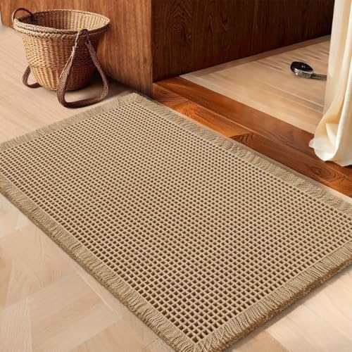 IM HOME Waffle Bath Mat Beige 24"x17", Boho Woven Modern Bath Mat Rugs, Absorbent Non Slip Bathroom Rugs, Soft Washable Bath Rugs with Tassels for Bathroom, Bedroom, Kitchen, Shower, Tub