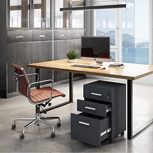 Modern Designs Lazio Black File Cabinet, Filing Cabinets for Home Office, Drawers for Under Desk, Locking 3 Drawer Rolling Wood File Cabinet with Lock, by Crafts and Comfort