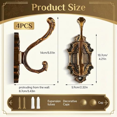 Antique Gold Vintage Coat Hooks，Heavy Duty Wall Mounted，Vintage Hooks for Wal...