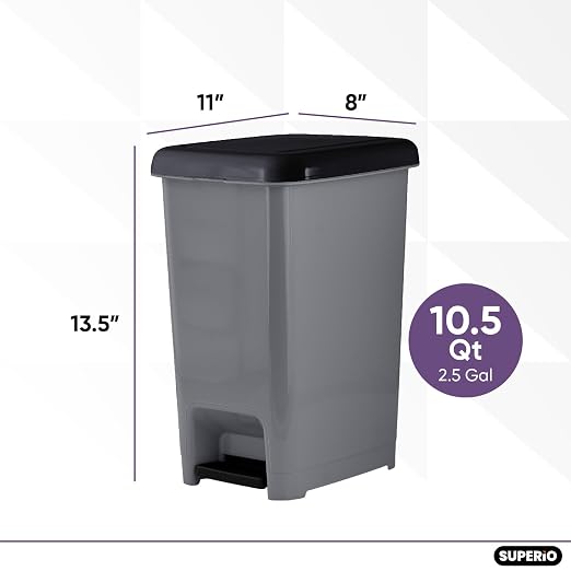 Superio Slim Trash Can with Foot Pedal – 2.5 Gallon Step-On Trash Bin with Lid - Image 2