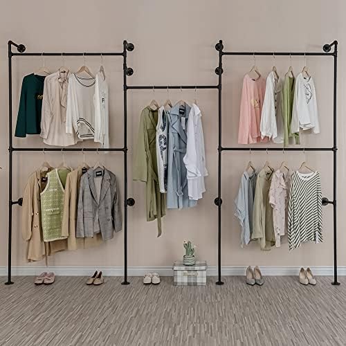 Industrial Pipe Clothes Rack, Heavy Duty Detachable Wall Mounted Black Iron G...