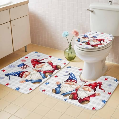 4th of July Bathroom Rugs and Mats Sets 3 Piece Patriotic Stars Gnomes Bath Sets Non Slip Bath Rug Set with U Shape Rug Fireworks Grey Buffalo Plaid Contour Toilet Rug for Bathroom Floor Large Size