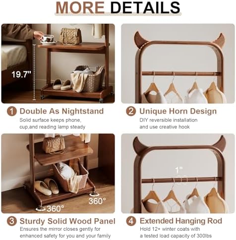 Solid Wood Clothing Racks with Shelves, Rolling Clothes Rack for Hanging Clot...