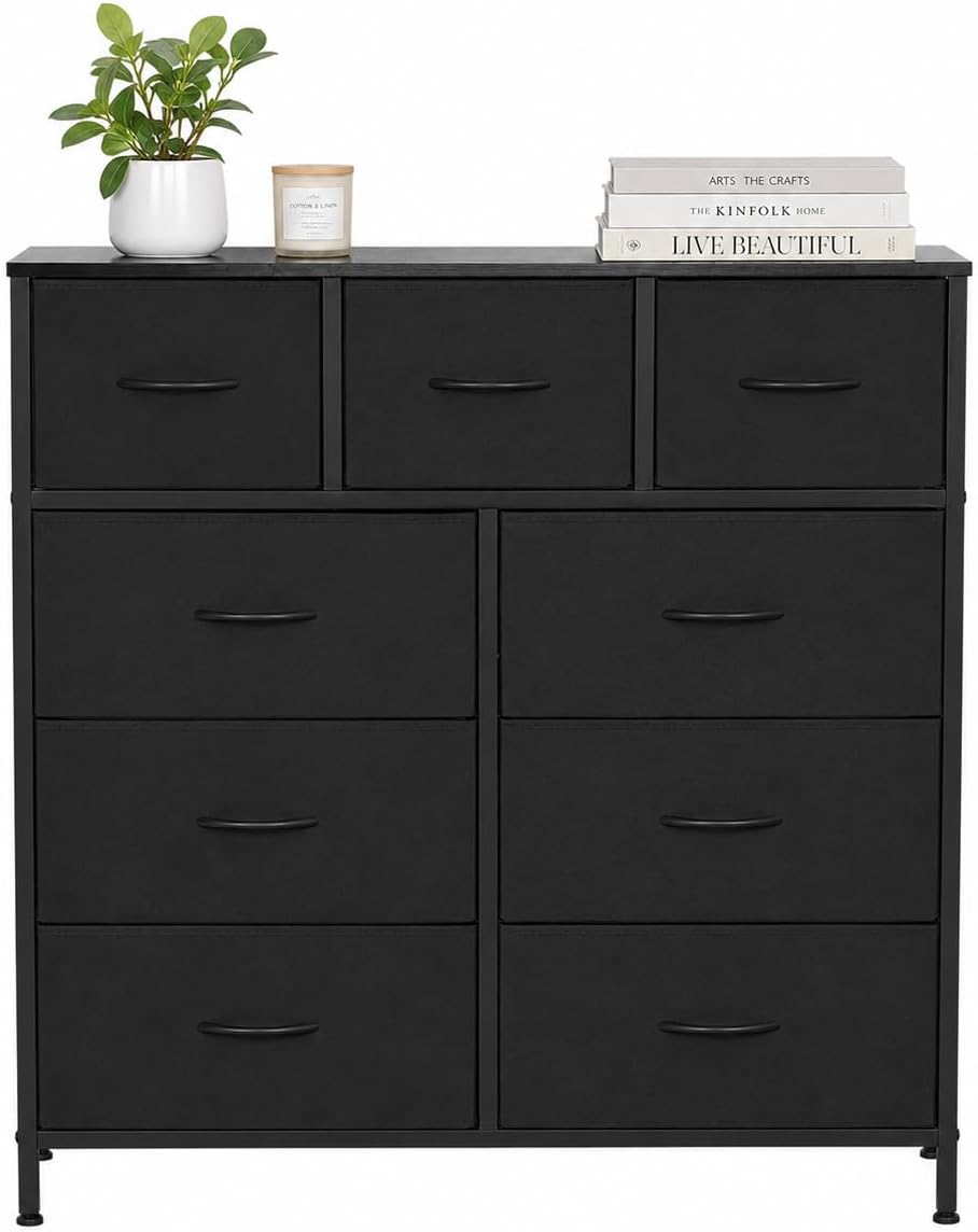 9-Compartment Storage Cabinet with Fabric Bins and Steel Frame, Black