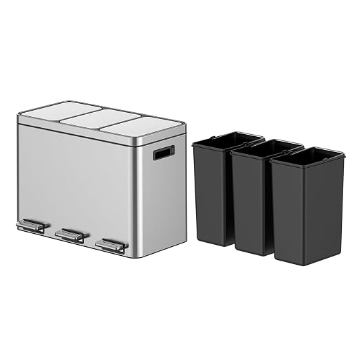 3 x 4 Gal Trash Can, Stainless Steel Triple Compartment Step-On Recycling Bin - Image 2