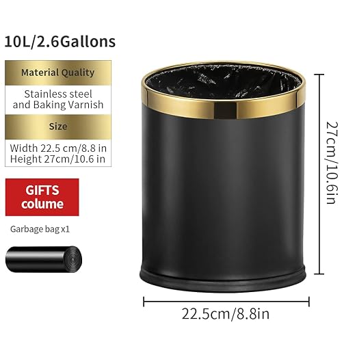 10L/2.6GAL Black and Gold Open Top Trash Can - Image 3
