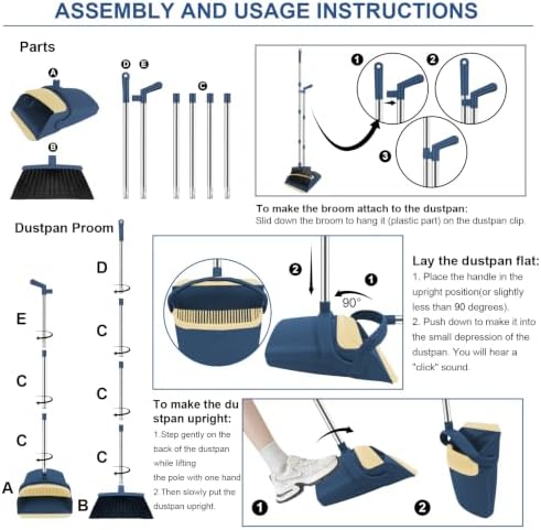 Broom and Dustpan Set, 51" Long Handle Broom with Mini Set Navy Blue | Mini Set for Tables, Kitchens & Tight Spaces, Built-in Comb Dustpan, Foldable Space-Saving Storage, Multi-Surface Use