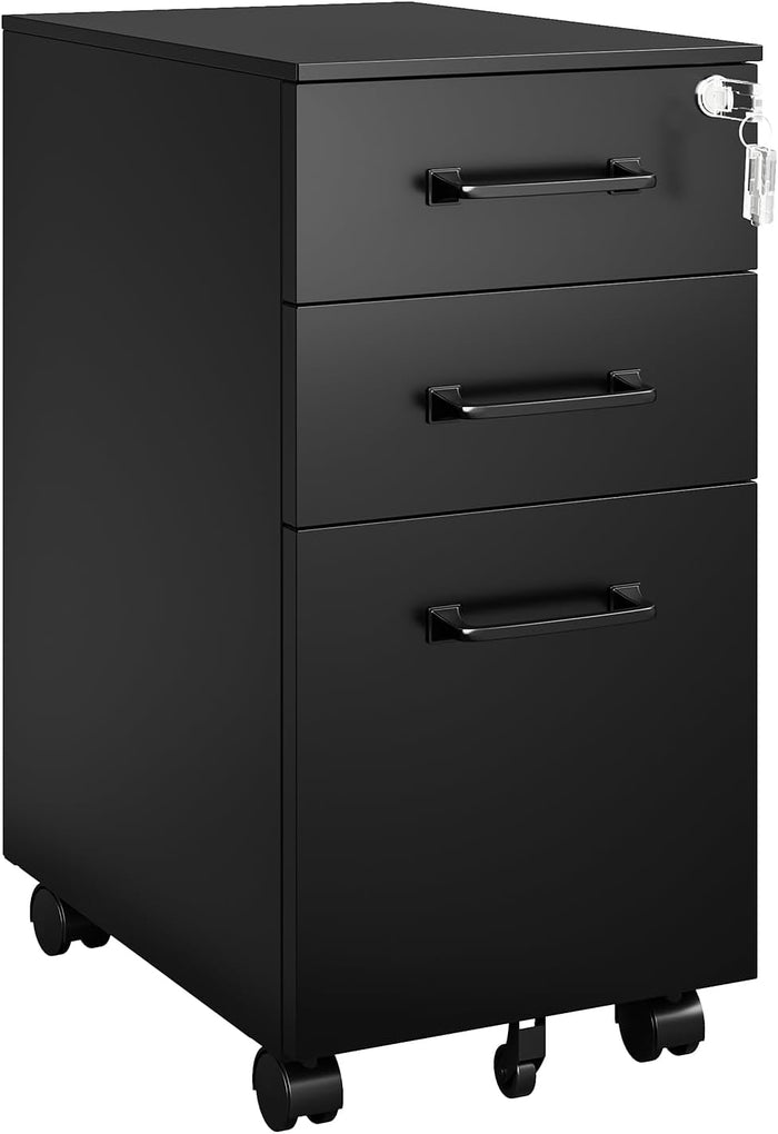 MIIIKO File Cabinet 3 Drawers on Wheels Under Desk, Black Metal File Cabinets with Lock for Home Office, Filing Cabinet with Lock(Un-Assembled)