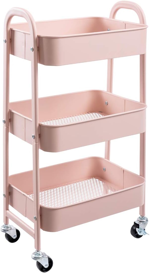 AGTEK Makeup Cart, Movable Rolling Organizer Cart, 3 Tier Metal Utility Cart by AGTEK