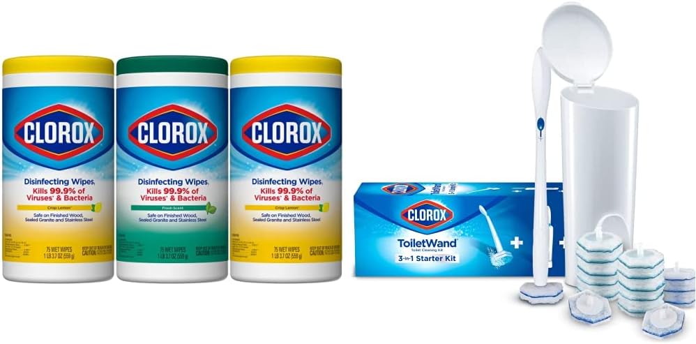 CLOROX Disinfecting Value Pack, 3x 75ct Disinfecting Wipes, Toilet Wand System with 16 Disinfecting Refills