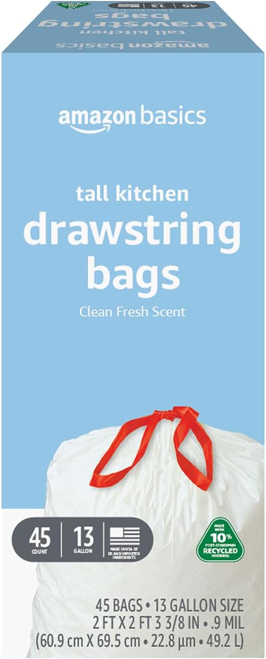 Amazon Basics 13 Gallon Tall Kitchen Drawstring Trash Bags, Clean Fresh Scent by AmazonBasics