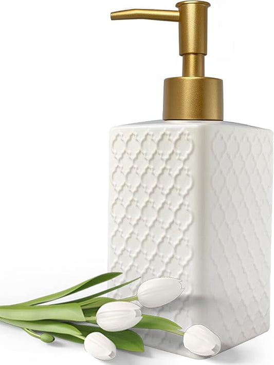 Gold Soap Dispenser for Bathroom, Retro White Square Lotion Dispenser, by UNBONSOUHAIT