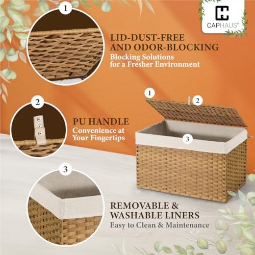 CAPHAUS Handwoven Synthetic Rattan Storage Basket w/Lid, Foldable Clothes Bas...