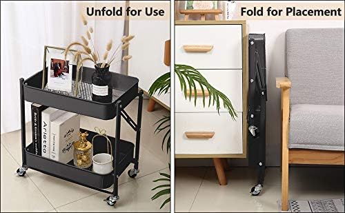 2-Tier Metal Folding Rolling Cart, Mobile Utility Cart Trolley Storage Organizer - Image 3