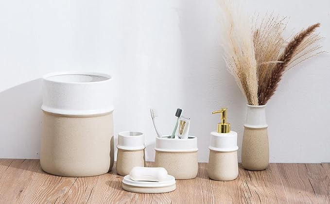 Beige Ceramic Soap Dispenser for Kitchen, Refillable Hand Dispenser - Image 6