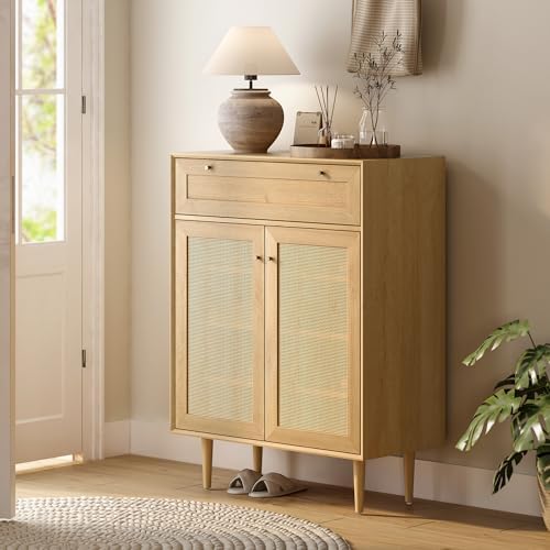 Farmhouse Rattan Shoe Cabinet Boho Shoe Storage Cabinet with 2 Doors Large Wo...