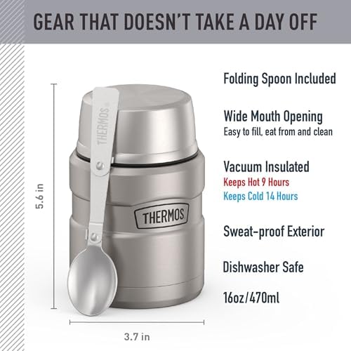 THERMOS Stainless King Food Jar with Spoon, 16oz, Matte Steel | Stainless Steel Insulated Food Container with Built-In Bowl, Keeps Food Hot or Cold Longer for Work & Travel