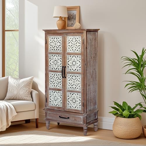 French Country Side Cabinet - Vintage 2 Door Wood Cabinet with Storage, Accen...