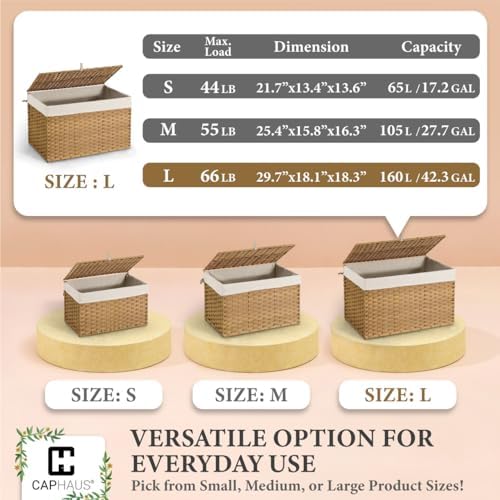 CAPHAUS Handwoven Synthetic Rattan Storage Basket w/Lid, Foldable Clothes Bas...