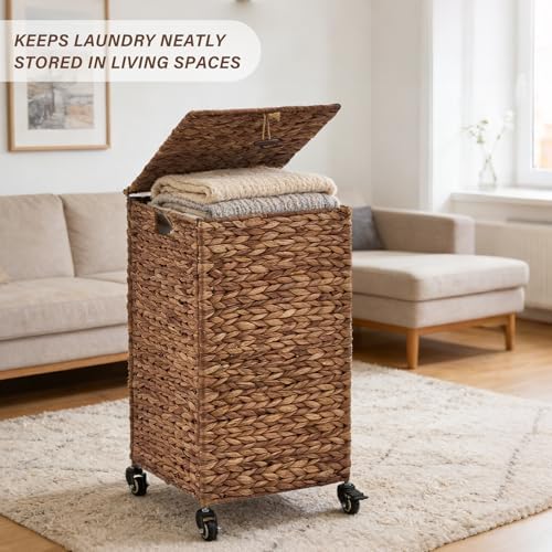Hand-Woven Natural Water Hyacinth Laundry Basket with Wheels