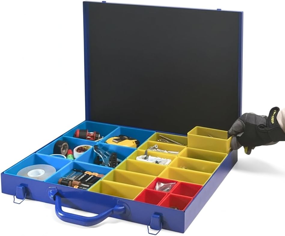 Large Metal Organizer Box with 20 Removable Compartments, Blue