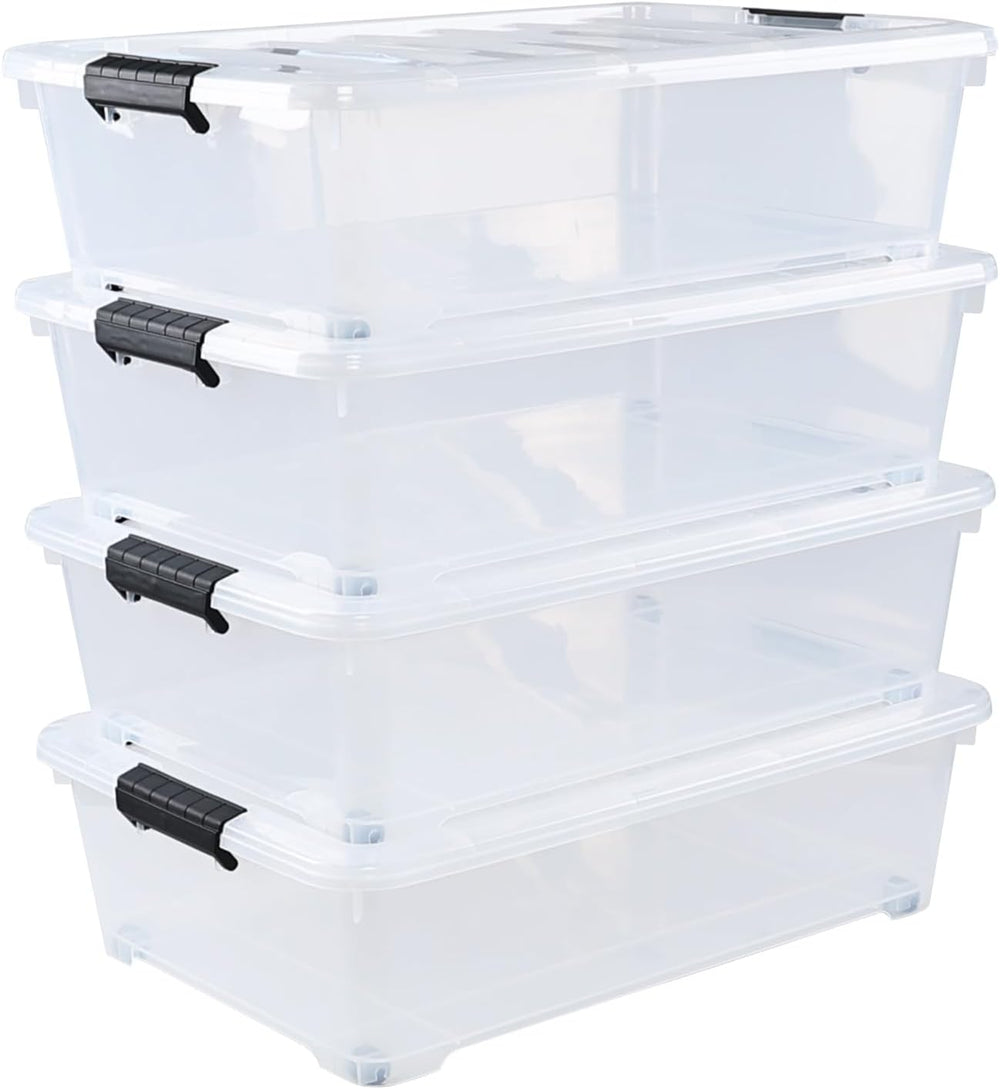 Vababa 25 L Wheeled Under Bed Clear Plastic Storage Bins with Lid, Set of 4