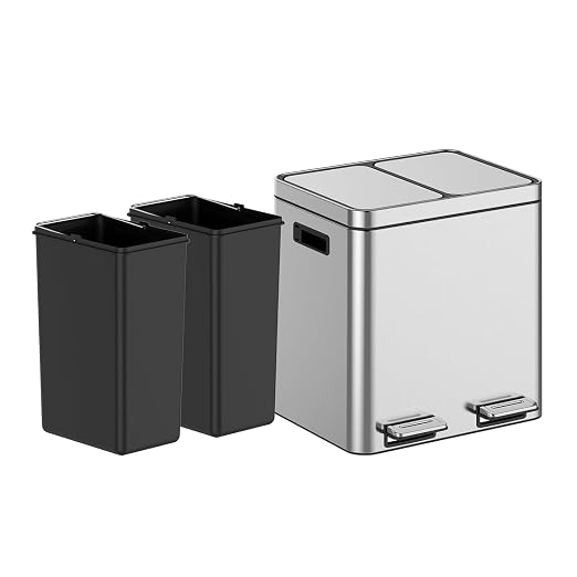 2 x 4 Gal Trash Can, Stainless Steel Triple Compartment Step-On Recycling Bin - Image 3