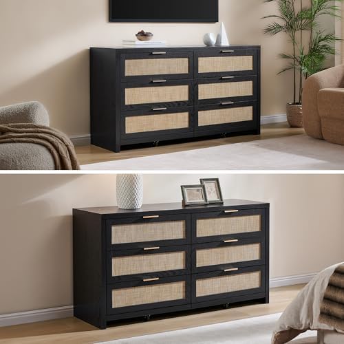 SICOTAS Rattan Dresser for Bedroom, 57" Wide 6 Drawer Dresser