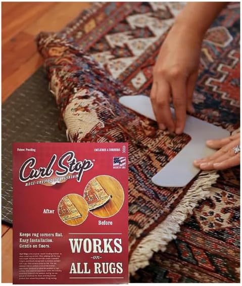 Carpet Curl Stopper Rug Gripper for Corners & Edges – Heavy-Duty Anti-Curl Support, Ultra-Slim Rug-Side Adhesive, Prevents Lifting & Tripping, Floor-Safe, Indoor & Outdoor Use, Pack of 4