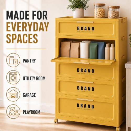 Foldable Storage Cabinet with Doors & Locking Wheels, 5-Tier Large-Capaci...
