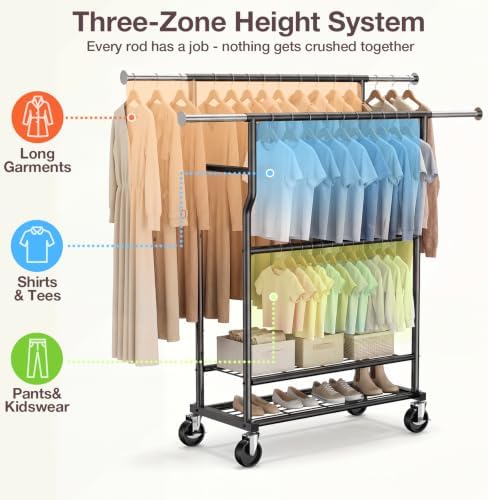 Heavy Duty Clothes Rack Load 960LBS, Adjustable Three Rods Rolling Garment Ra...