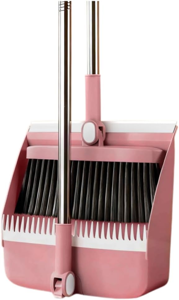 2-in-1 Broom with Dustpan Combo Set,Long Handle Broom Dustpan Combo with Dustpan Teeth to Automatically Clean Hair for Home, Indoor or Outdoor Cleaning Hall Floor (Pink)