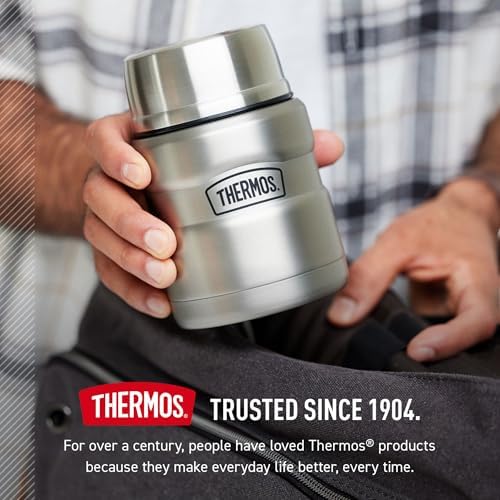 THERMOS Stainless King Food Jar with Spoon, 16oz, Matte Steel | Stainless Steel Insulated Food Container with Built-In Bowl, Keeps Food Hot or Cold Longer for Work & Travel