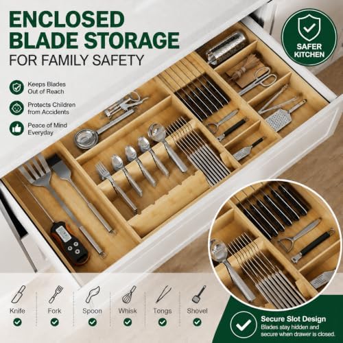 Bamboo Expandable Kitchen Drawer Organizer, 17.7-29.5 in,Natural