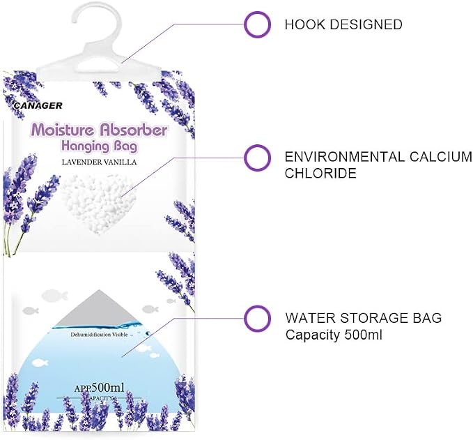 CANAGER Moisture Absorber -12 Pack, Lavender Vanilla Hanging Humidity Bag - Image 4