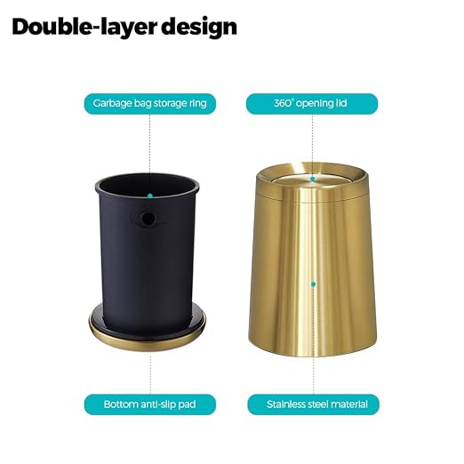 8L / 2.1Gal Gold Brushed Stainless Steel Trash Can - Image 5