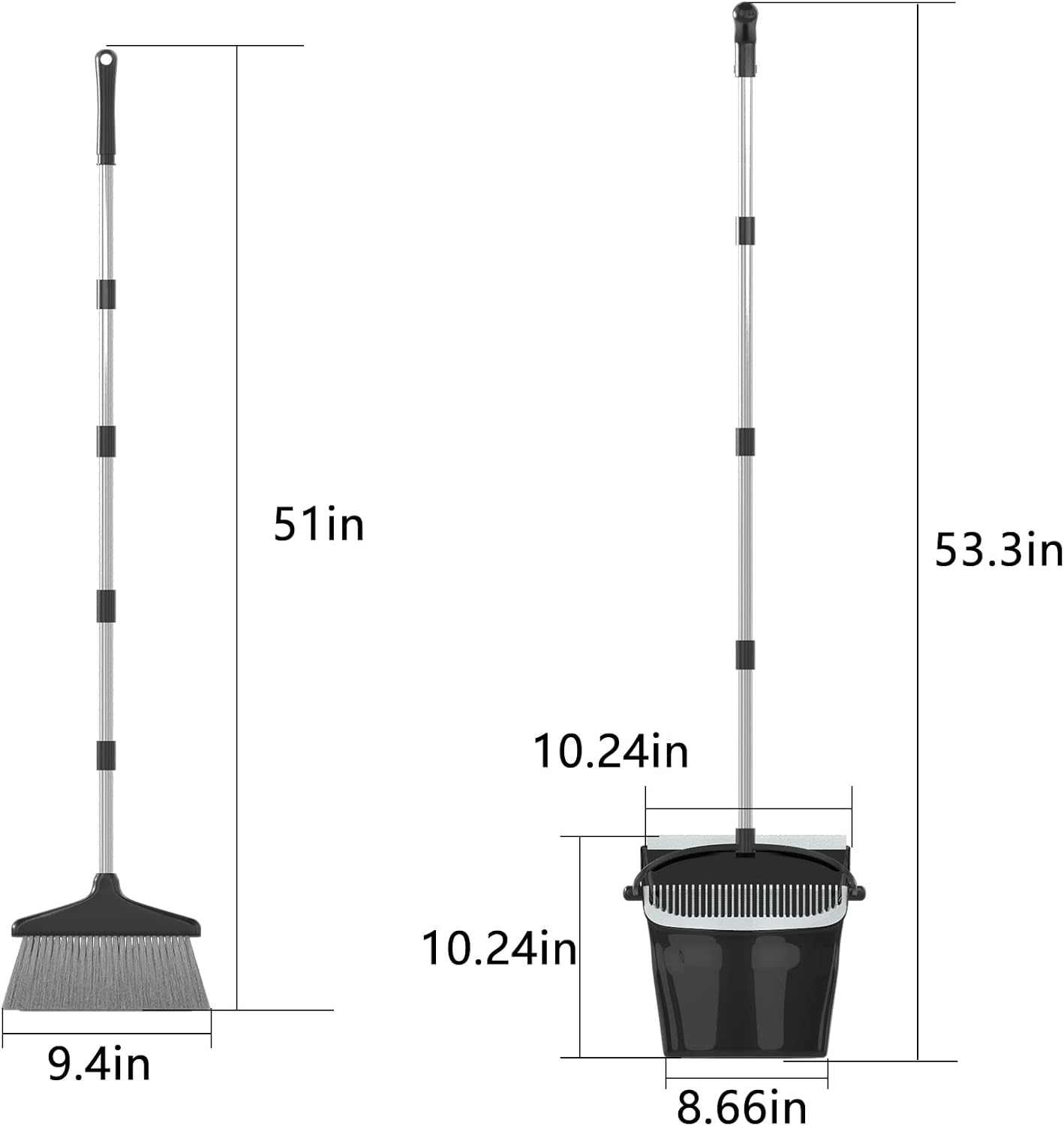 Broom with Dustpan Combo Set 54” Long Handle Household Dust Pan for Home Office Kitchen Cleaning （Black & Grey）