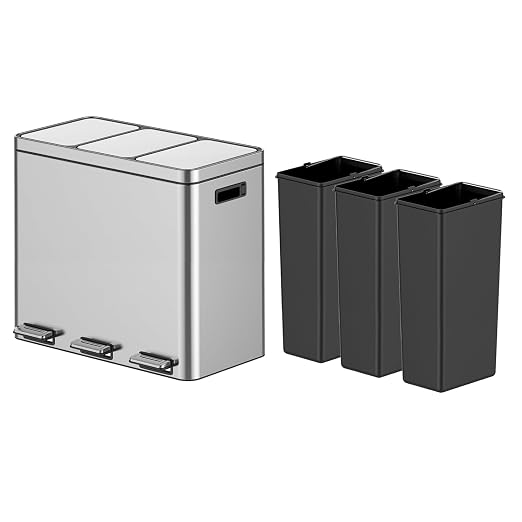 3 x 5.3 Gal Trash Can, Stainless Steel Triple Compartment Step-On Recycling Bin - Image 5