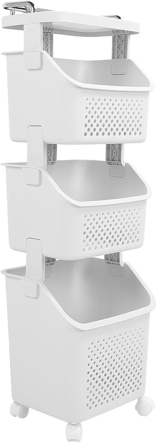 3 Tier Laundry Basket Organizer with Wheels, Tiered Laundry Basket Organizer, with Portable Storage Baskets, for Kitchen Bathroom Bedroom Laundry Room