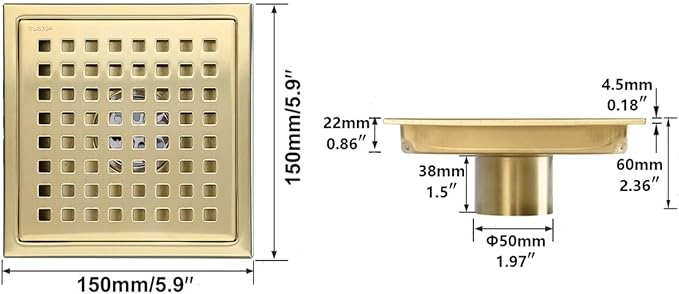 RANDOM Brushed Gold Shower Drain Square 6 Inch Shower Floor Drain - Image 2