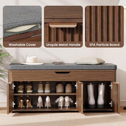 37.4" W Shoe Bench with Storage, Lift Top Entryway Bench, Walnut