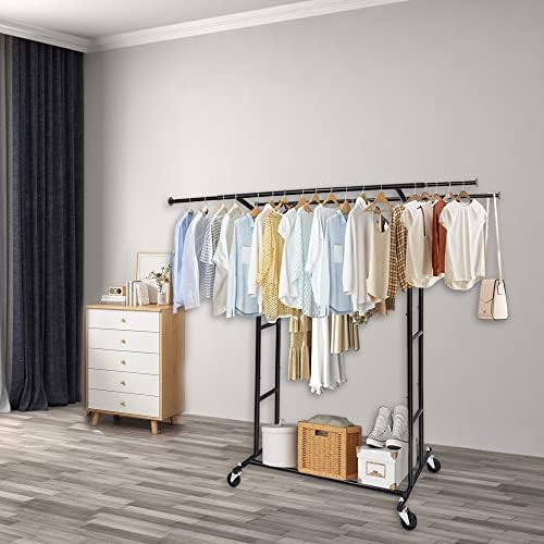 Fishat Black 60" H Heavy Duty Double Rod Rolling Clothes Garment Rack