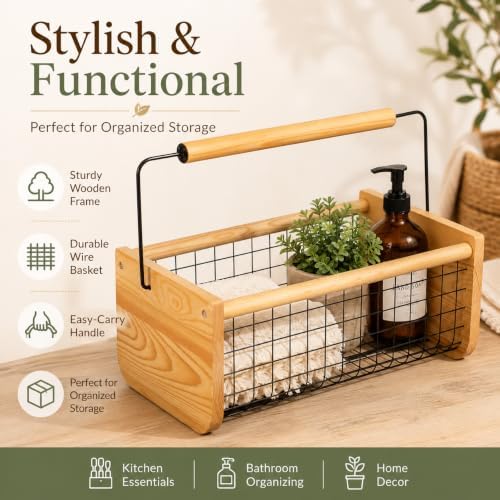 Gardenised Vintage Harvest Basket Pine Wood & Metal Mesh Wire Design Wood...