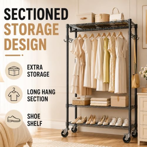 Heavy Duty Garment Rack with Lockable Wheels, 1050lbs Rolling Clothing Rack 3...